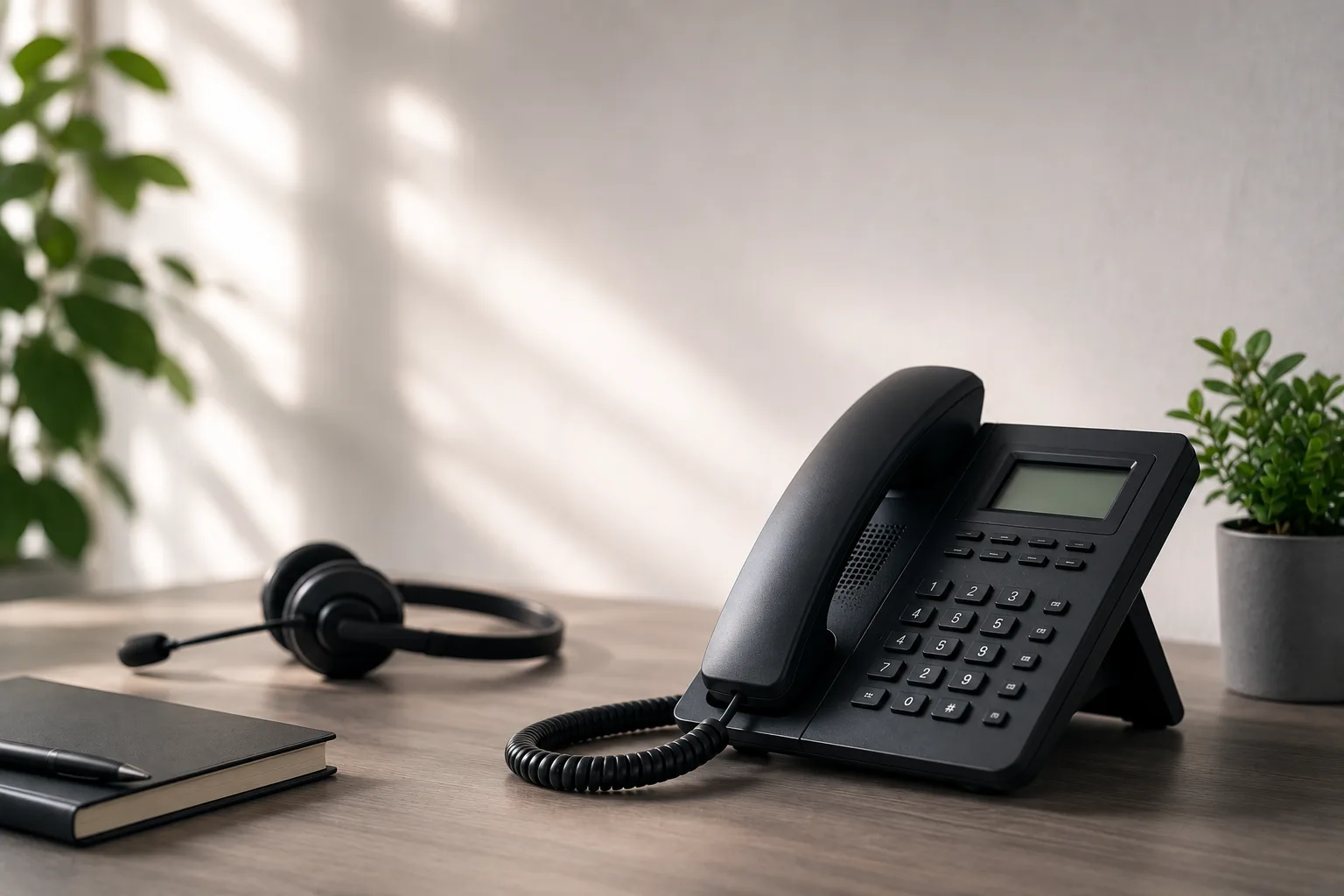 Telefon und Headset auf einem Schreibtisch – Telefonservice von PowerOn Connect